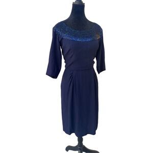 Howard Greer Vintage Cocktail Glam Old Hollywood Navy Silk Dress Beaded size 14